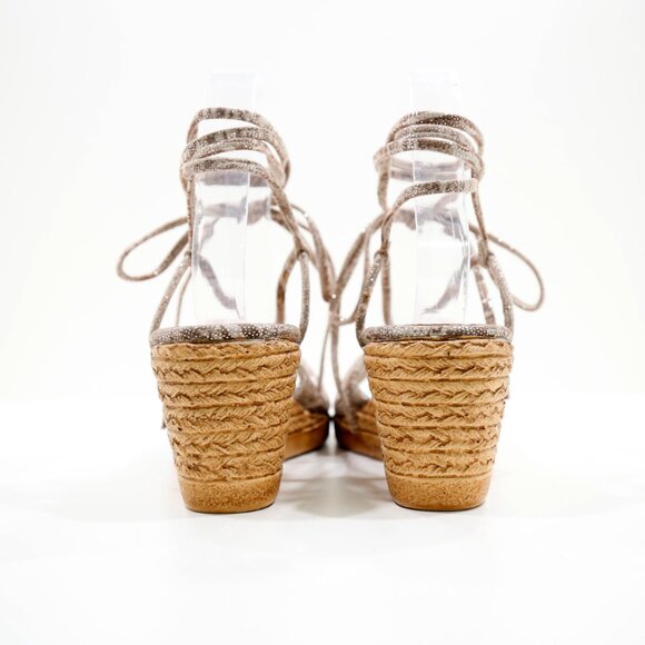 Stuart Weitzman Brown & Silver Leather 2.5" Wedge Heel Ankle Wrap Sandals - 7 - Picture 4 of 7